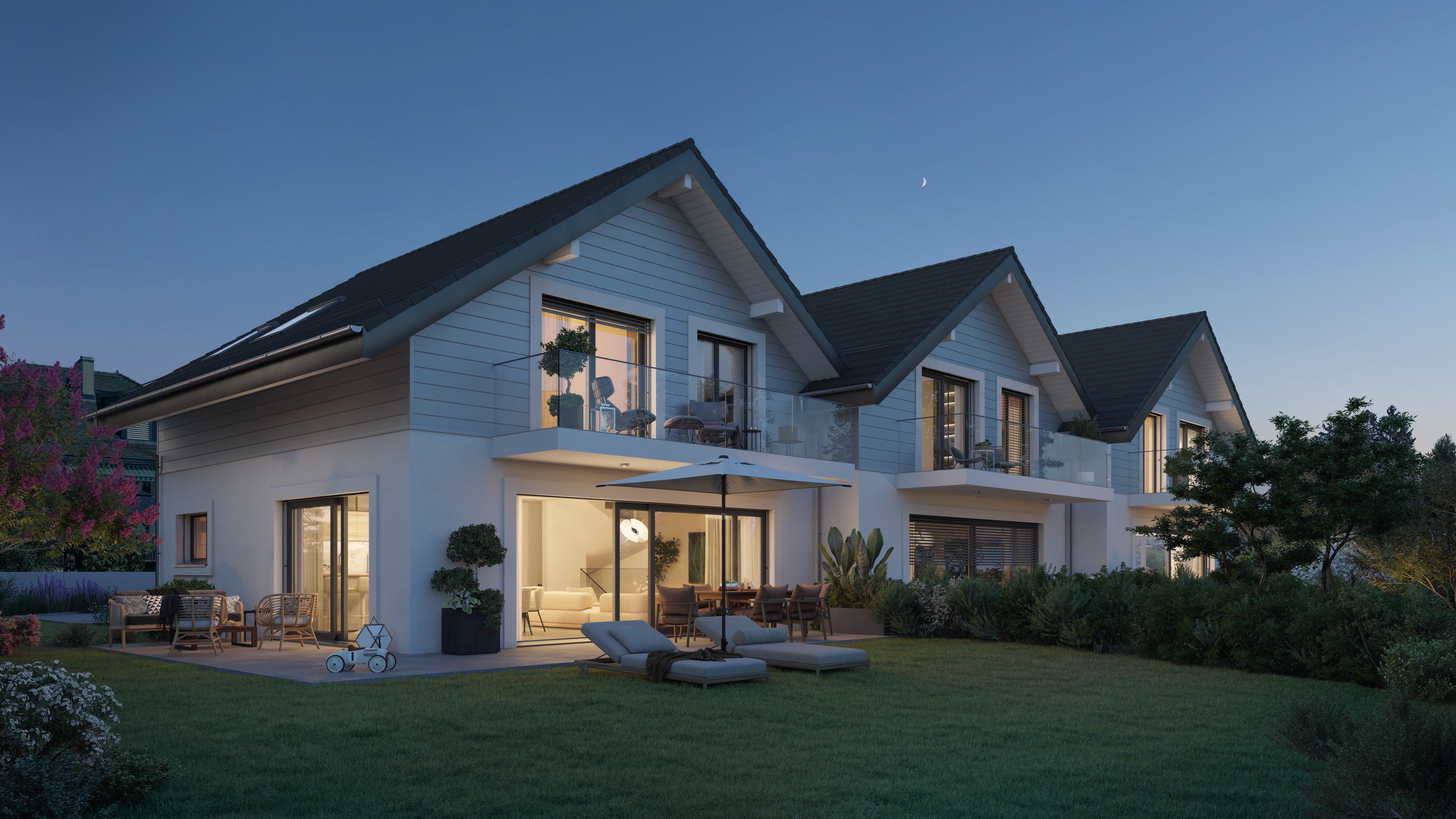 Villas Aurea Lully- vue extérieure avec jardin et terrasse à l'aube